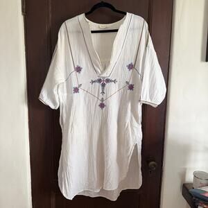 M.A.B.E. | White Cotton Gauze Embroidered Split Neck Swim Cover up | Extra Small